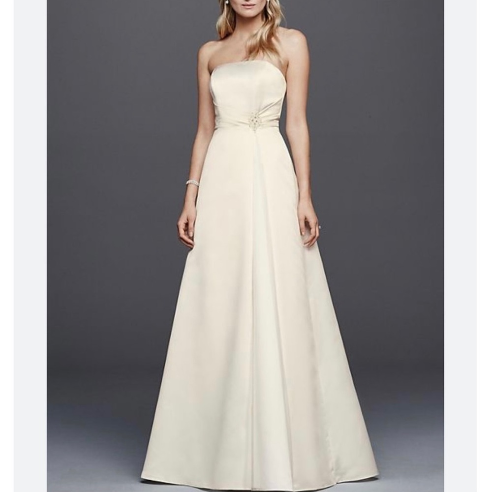 David’s Bridal beaded satin wedding dress with brooch